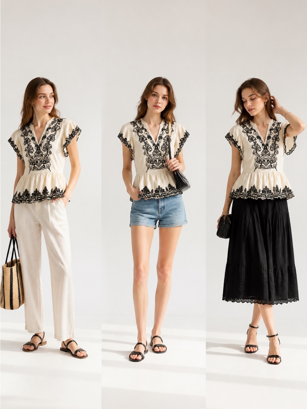 Express Cream Top with Black Floral Embroidery